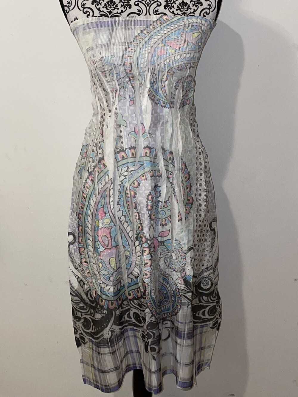 Vintage Y2K Lapis Paisley Plissé Strapless Midi Dress Whimsigoth Fairy OS